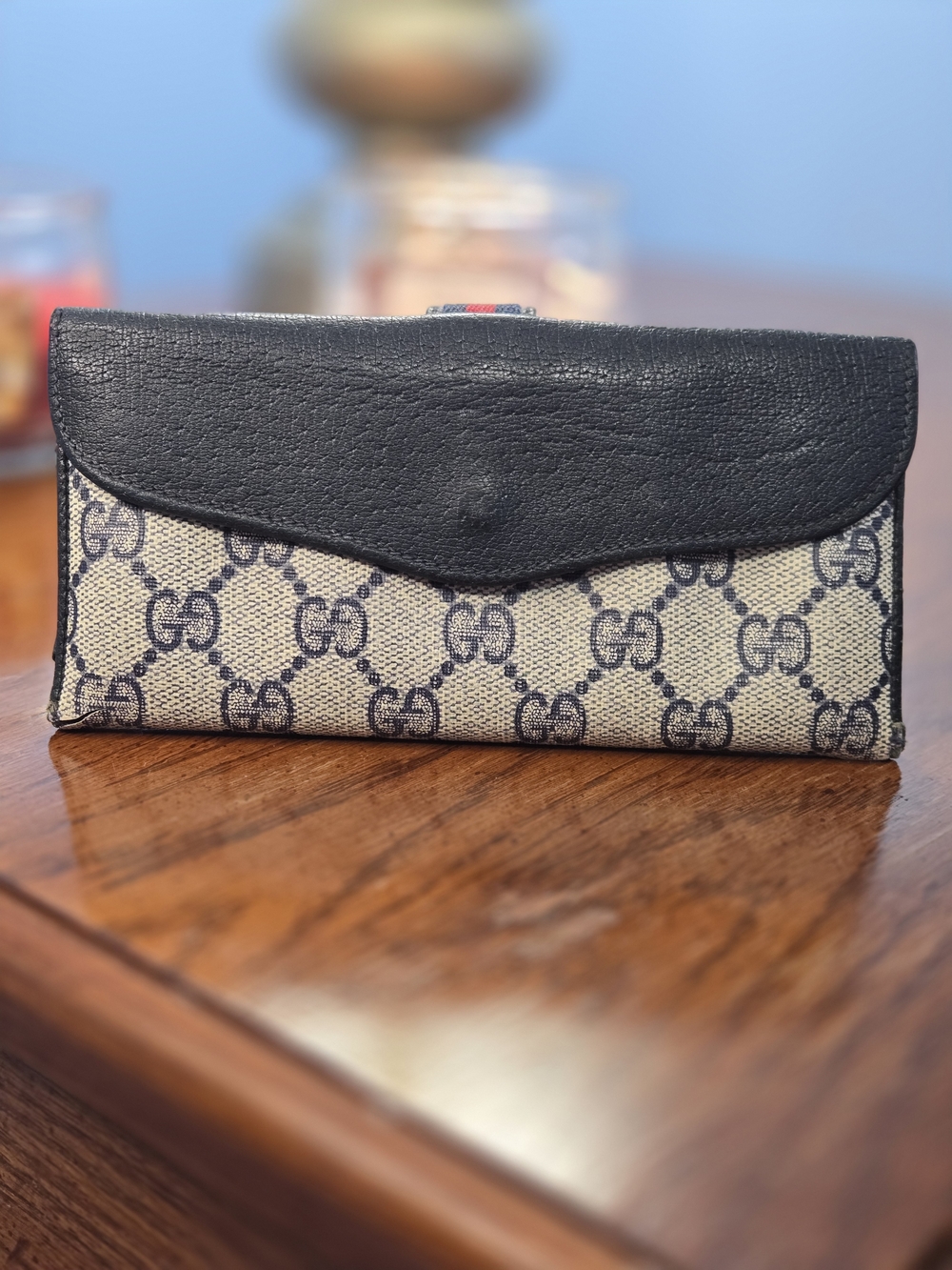Vintage Gucci GG Canvas Sherry Line Wallet Black Leather Trim Italy Authentic - Picture 3 of 16